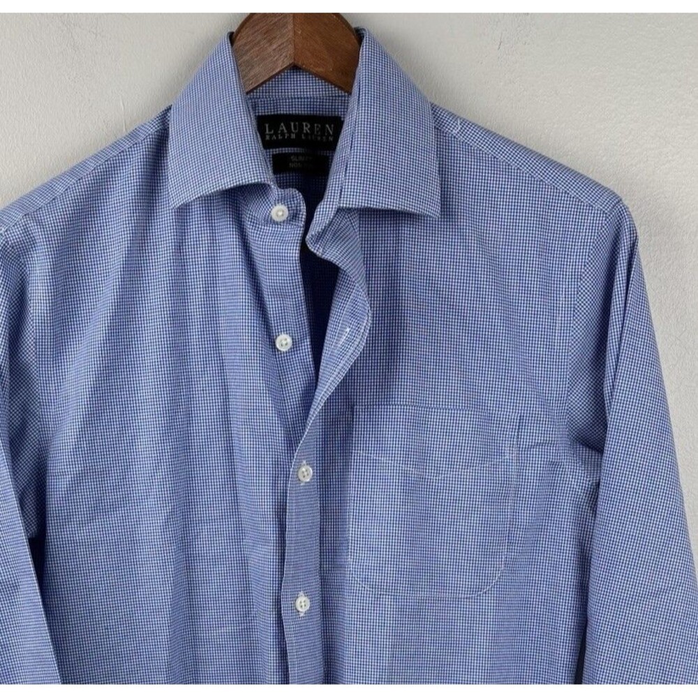 Lauren Ralph Lauren Dress Shirt Menβs 14 1/2 - 32/33. Slim Cotton Blue Minicheck